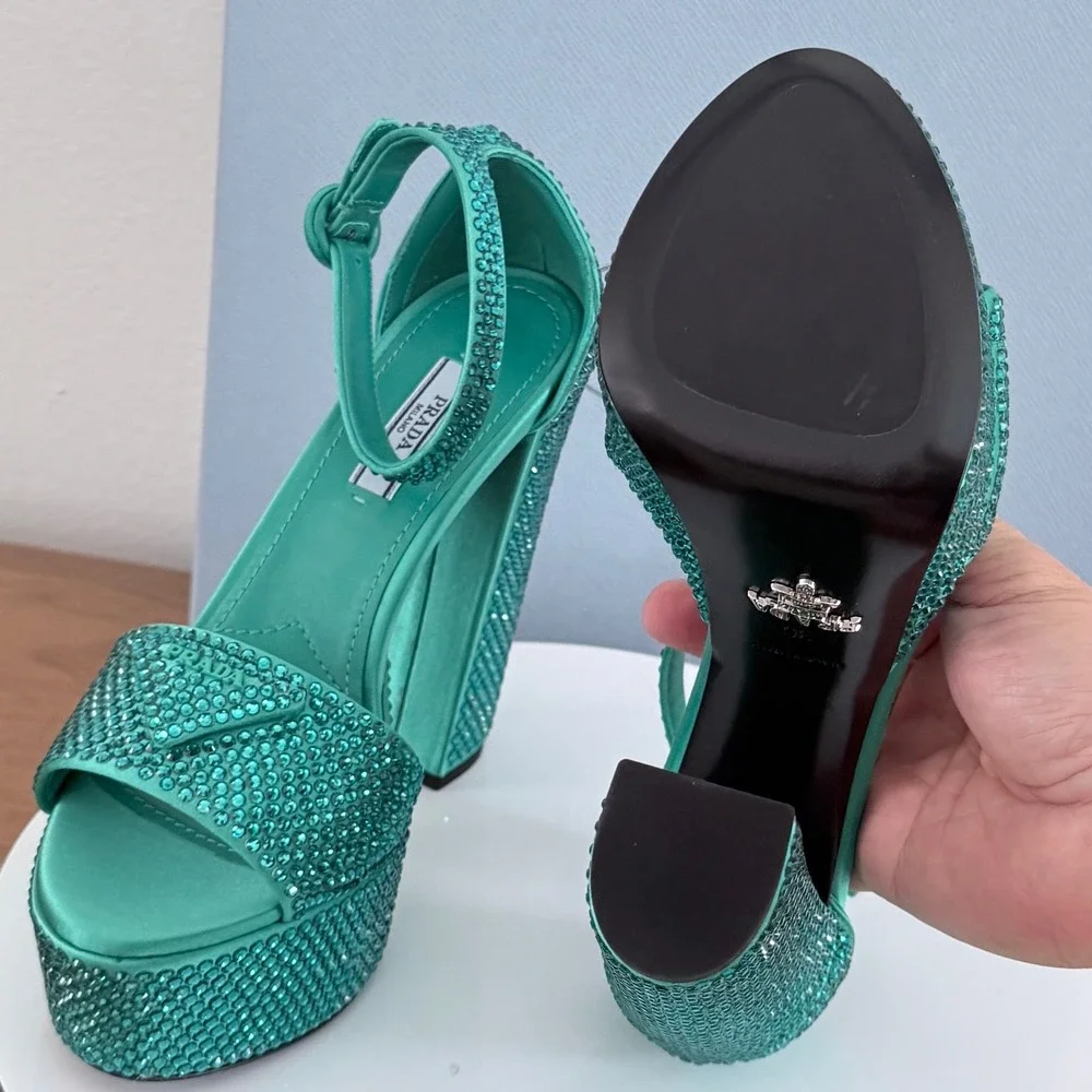 Prada Crystal‑Embellished Satin Platform Sandals Aqua Green Made in Italy. UK 36